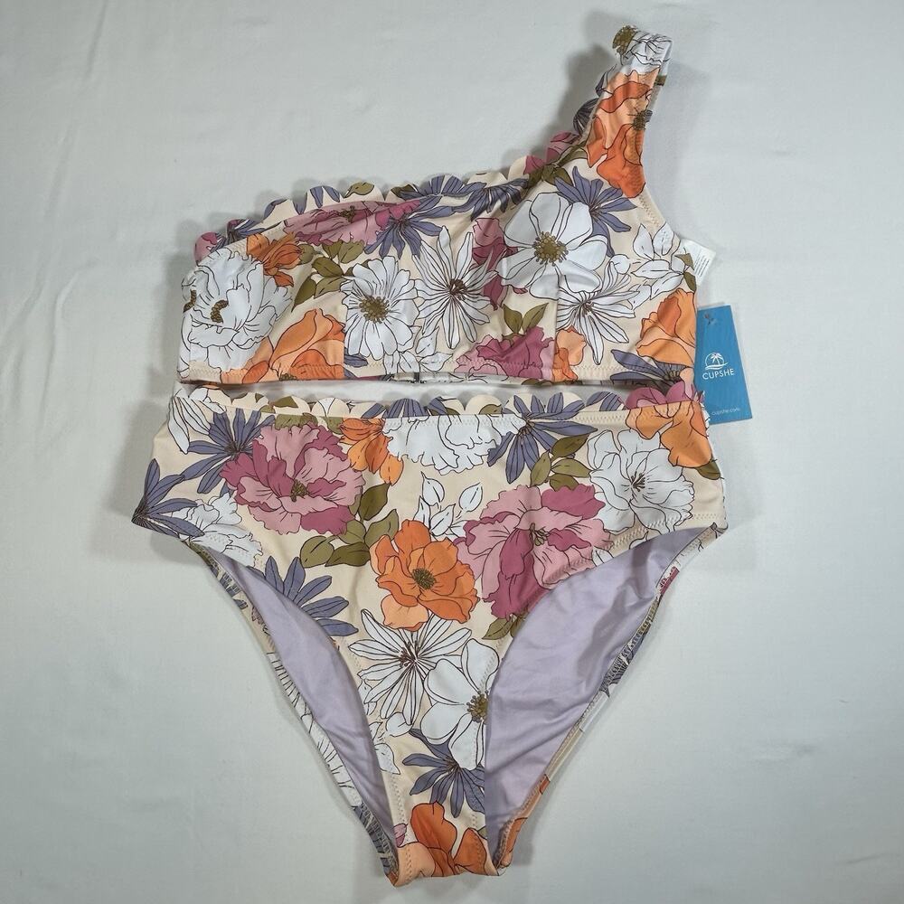 CUPSHE SWIMSUIT One-Shoulder Top & Hipster Bikini Flower Scalloped Size Large